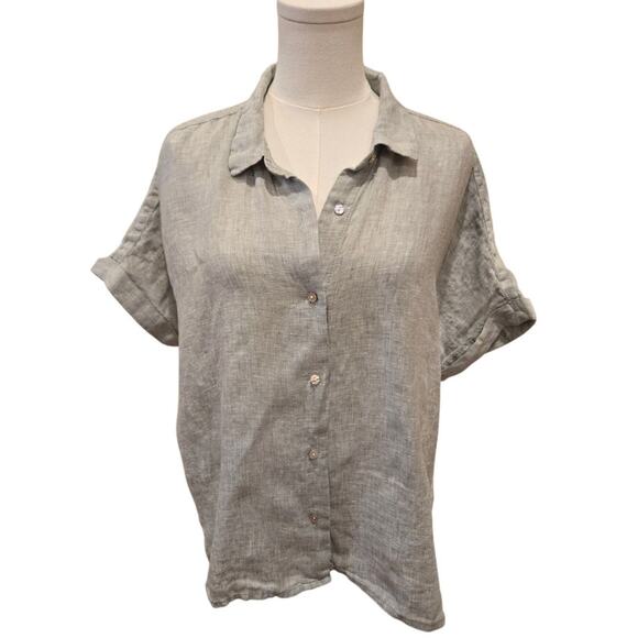 Rachel Zoe 100% Linen Shirt Heather Green Button Short Sleeve Collared XL - Picture 1 of 9